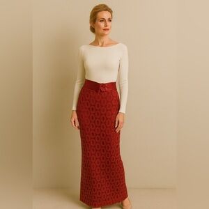 St. John Soutache Column Long Feminine Croquette Lace Maxi Skirt 4 Red Burgundy